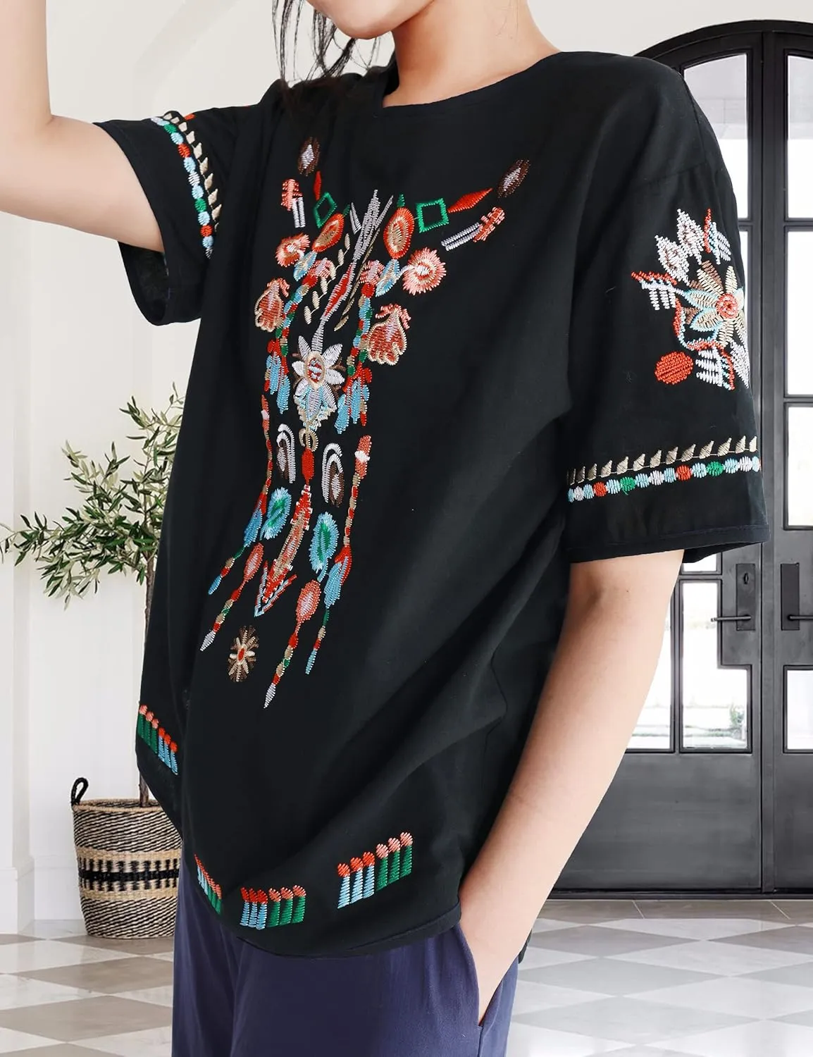 SeekMe Women's Cotton Linen Tops Embroidered Short Sleeve Peasant Boho Mexican Tunic Top Festival Casual Loose T Shirt