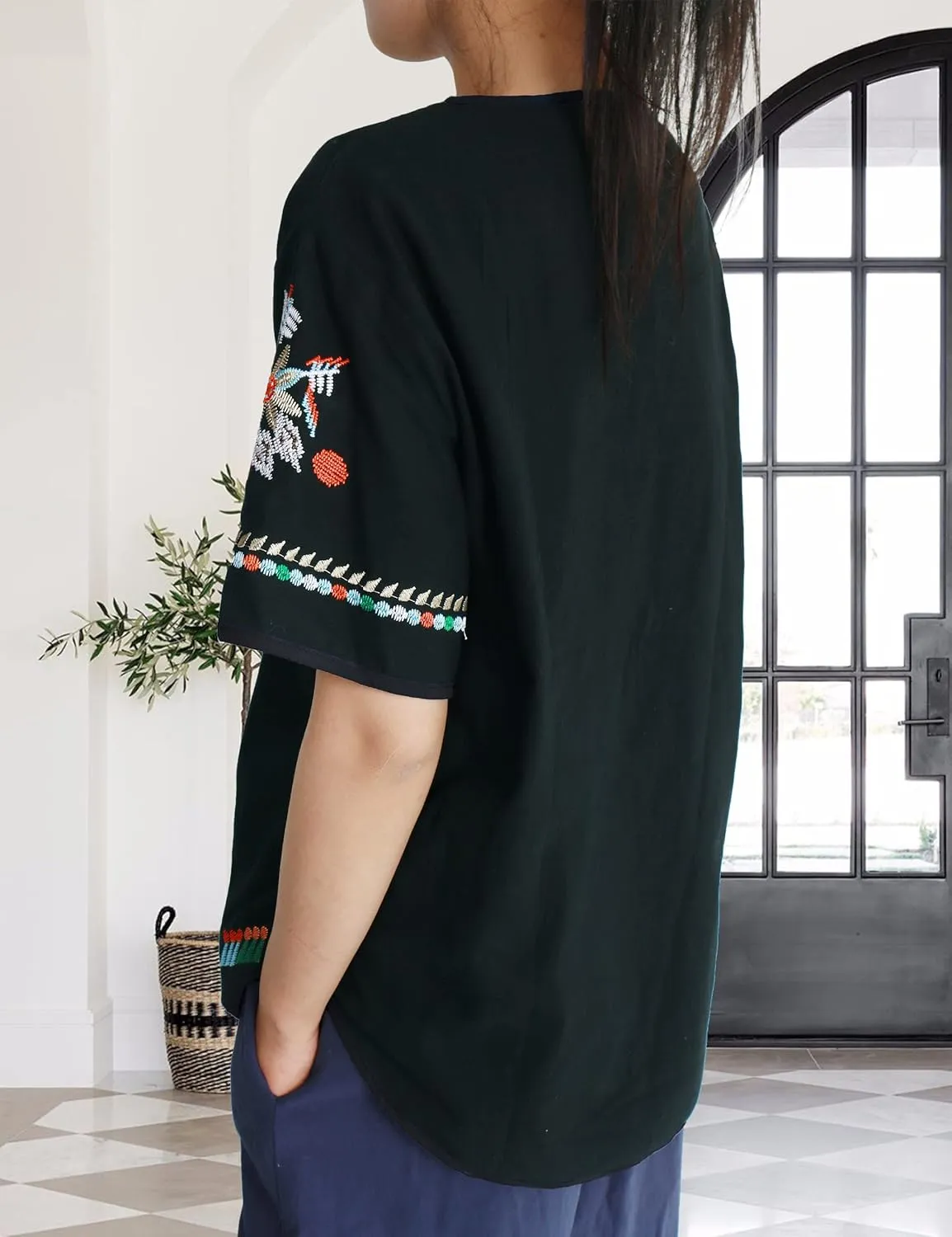 SeekMe Women's Cotton Linen Tops Embroidered Short Sleeve Peasant Boho Mexican Tunic Top Festival Casual Loose T Shirt