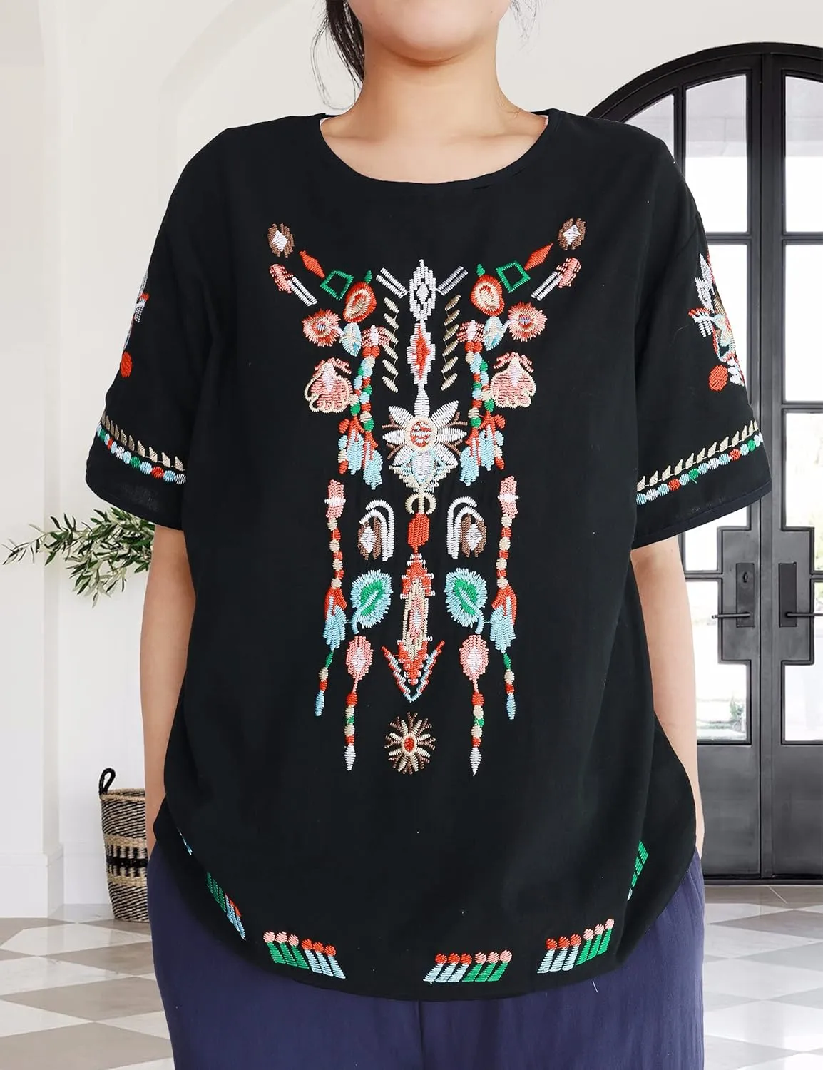 SeekMe Women's Cotton Linen Tops Embroidered Short Sleeve Peasant Boho Mexican Tunic Top Festival Casual Loose T Shirt