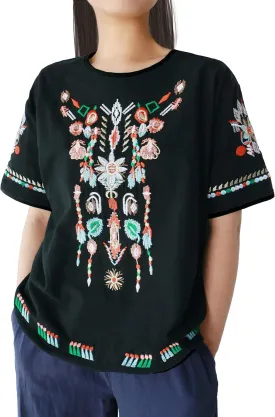 SeekMe Women's Cotton Linen Tops Embroidered Short Sleeve Peasant Boho Mexican Tunic Top Festival Casual Loose T Shirt