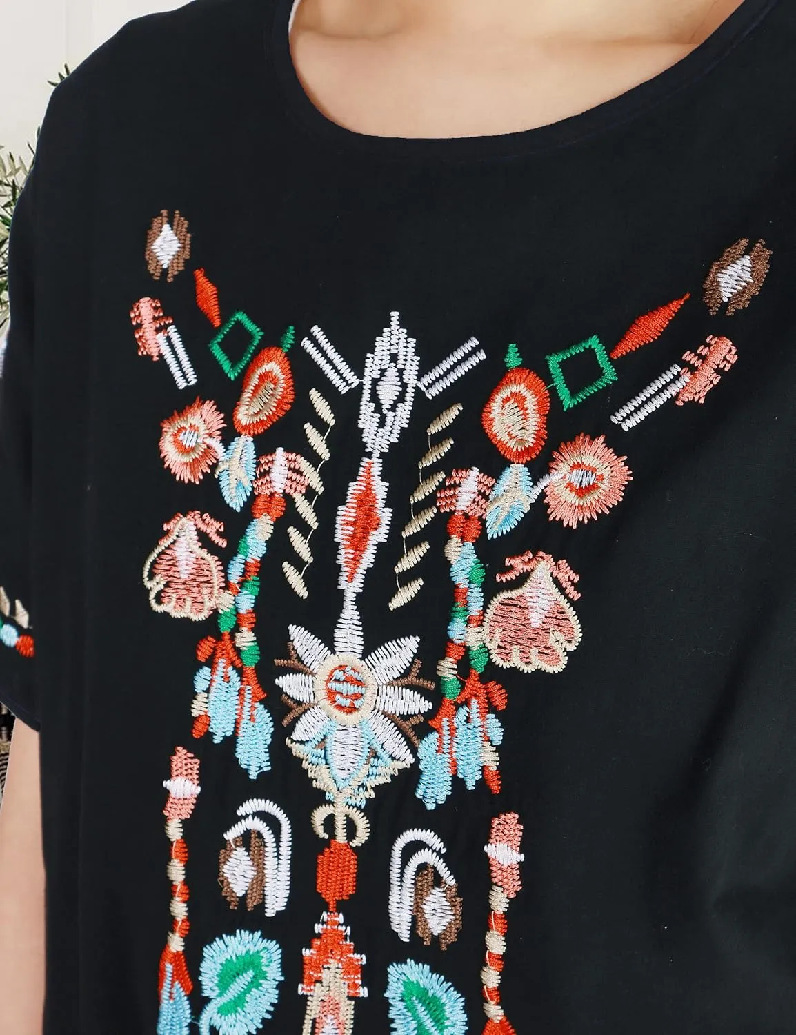 SeekMe Women's Cotton Linen Tops Embroidered Short Sleeve Peasant Boho Mexican Tunic Top Festival Casual Loose T Shirt