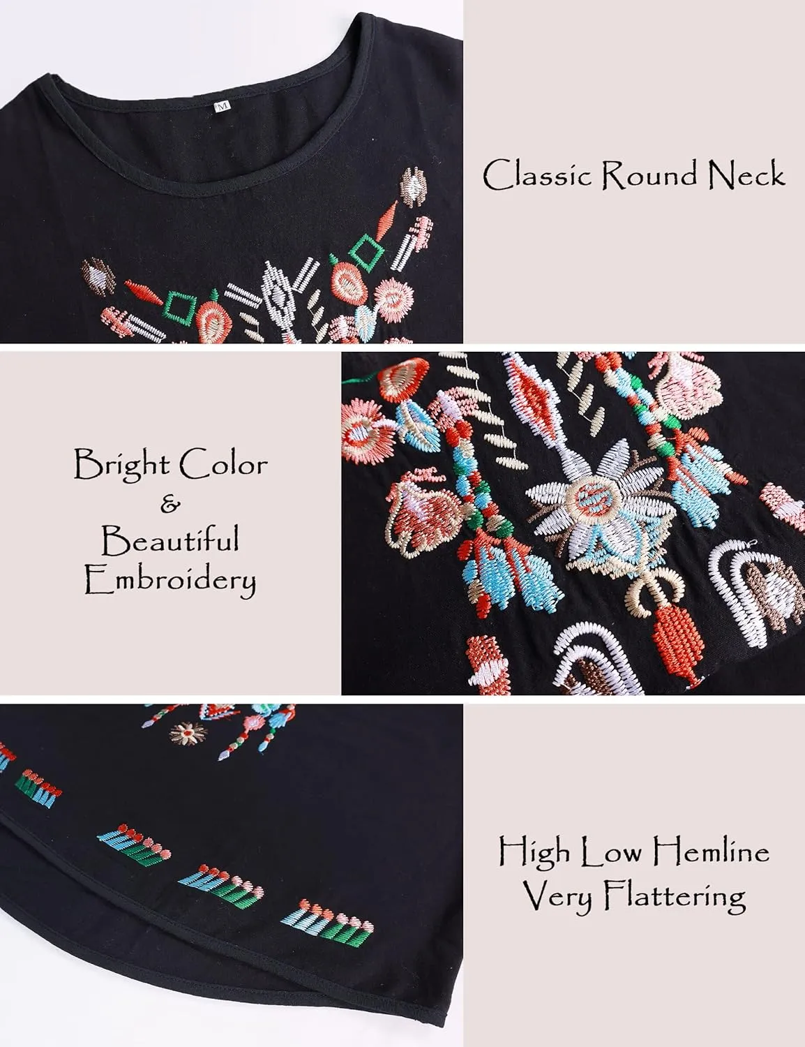 SeekMe Women's Cotton Linen Tops Embroidered Short Sleeve Peasant Boho Mexican Tunic Top Festival Casual Loose T Shirt