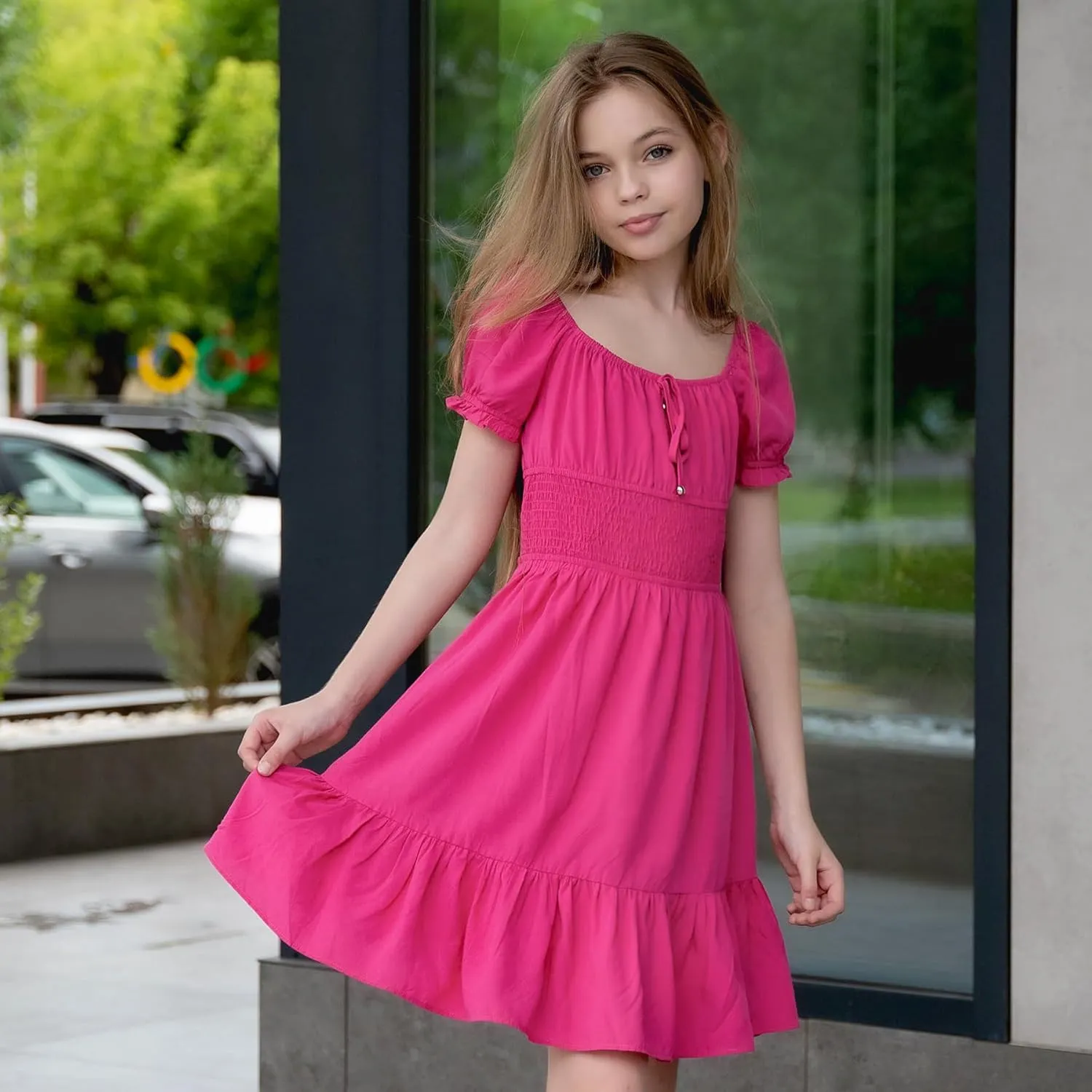 Simplee kids Off The Shoulder Summer Dress Girls Smocked Ruffle Puff Sleeves Teen Skirt