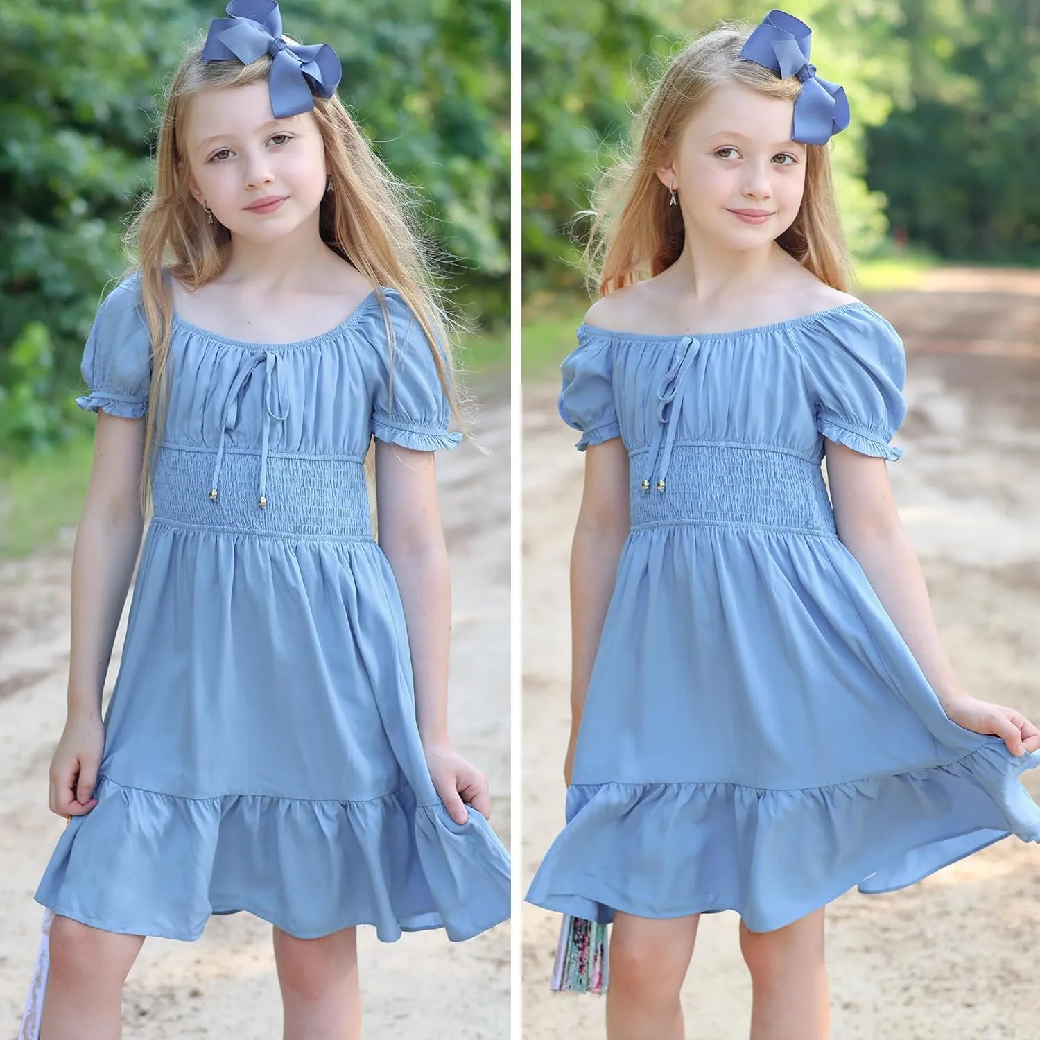 Simplee kids Off The Shoulder Summer Dress Girls Smocked Ruffle Puff Sleeves Teen Skirt