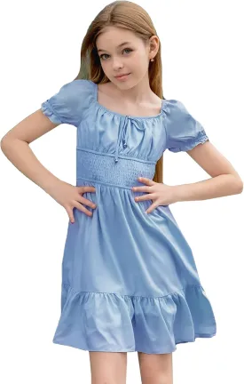 Simplee kids Off The Shoulder Summer Dress Girls Smocked Ruffle Puff Sleeves Teen Skirt