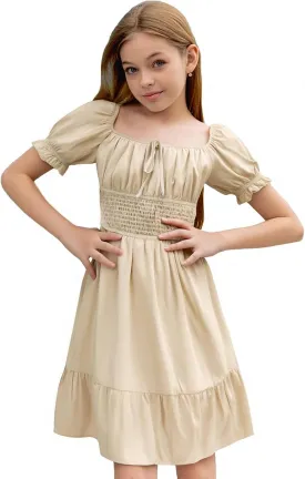 Simplee kids Off The Shoulder Summer Dress Girls Smocked Ruffle Puff Sleeves Teen Skirt