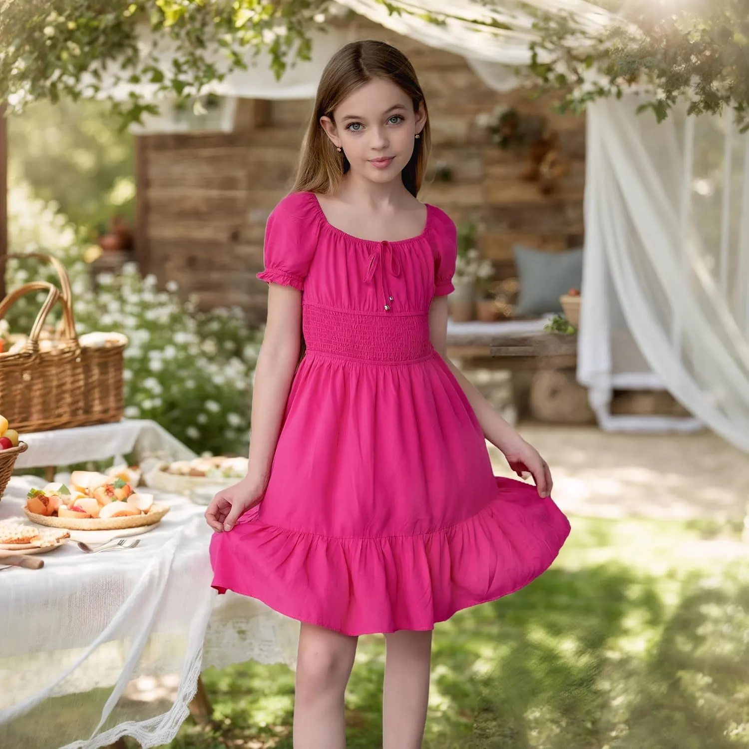 Simplee kids Off The Shoulder Summer Dress Girls Smocked Ruffle Puff Sleeves Teen Skirt