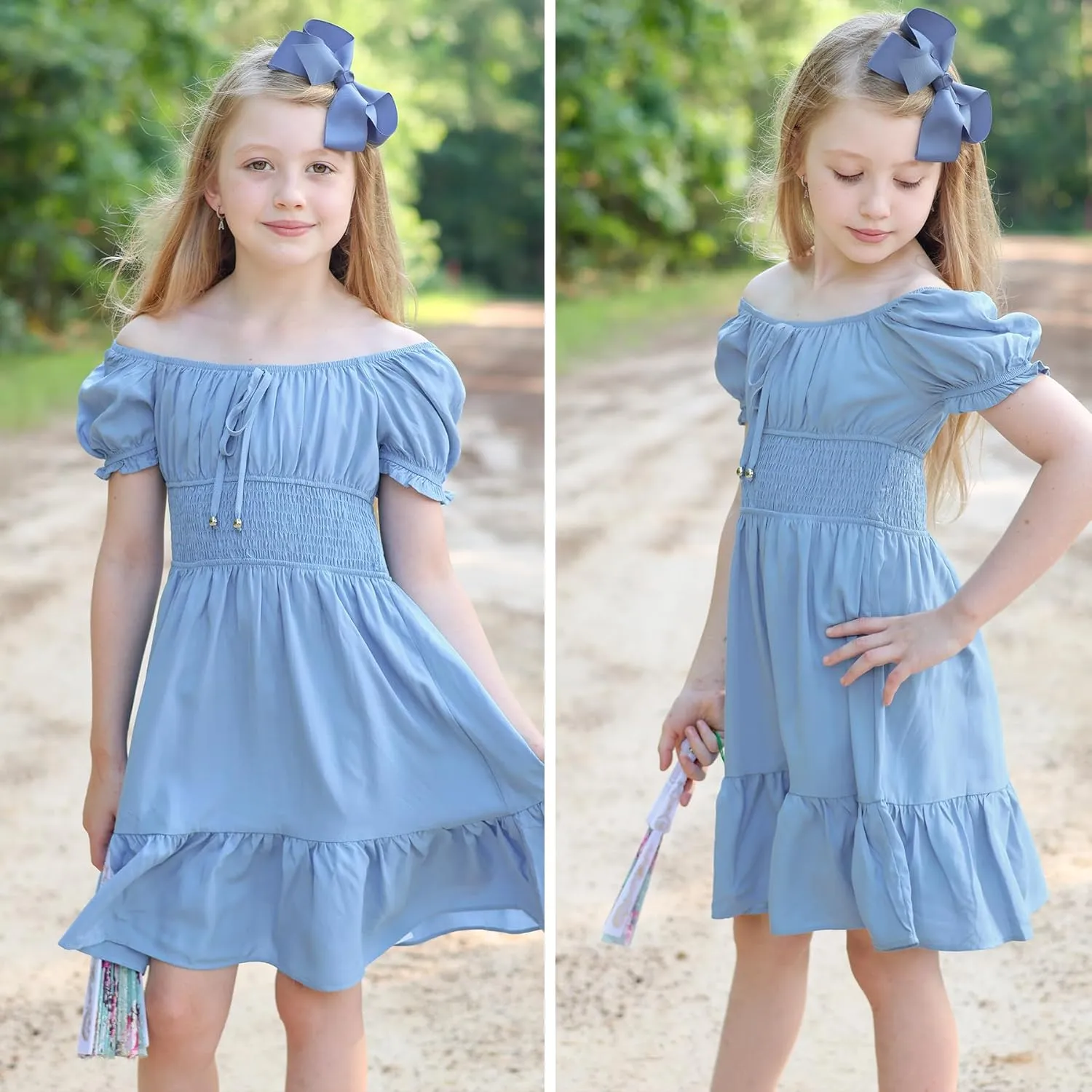 Simplee kids Off The Shoulder Summer Dress Girls Smocked Ruffle Puff Sleeves Teen Skirt