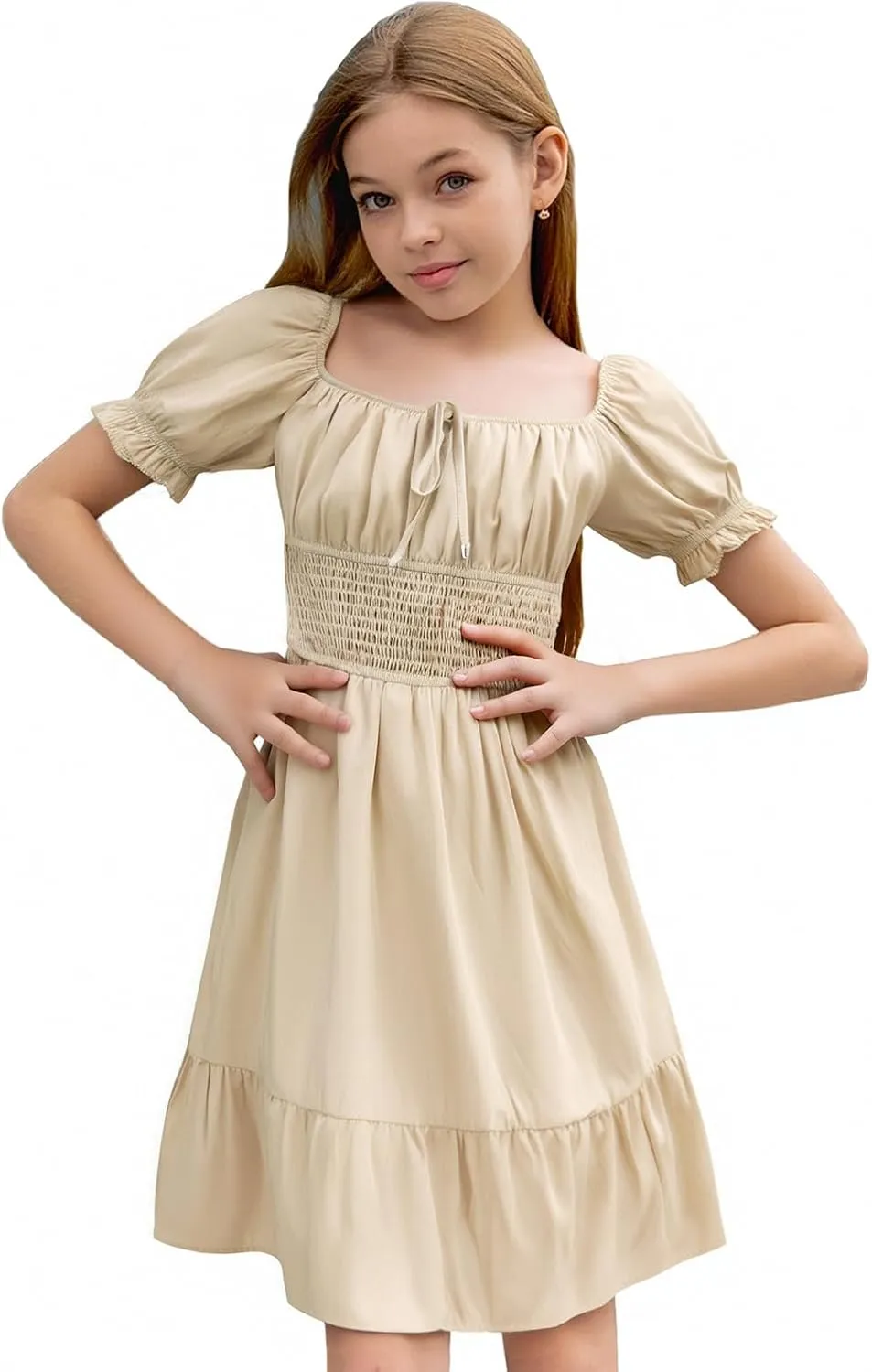 Simplee kids Off The Shoulder Summer Dress Girls Smocked Ruffle Puff Sleeves Teen Skirt