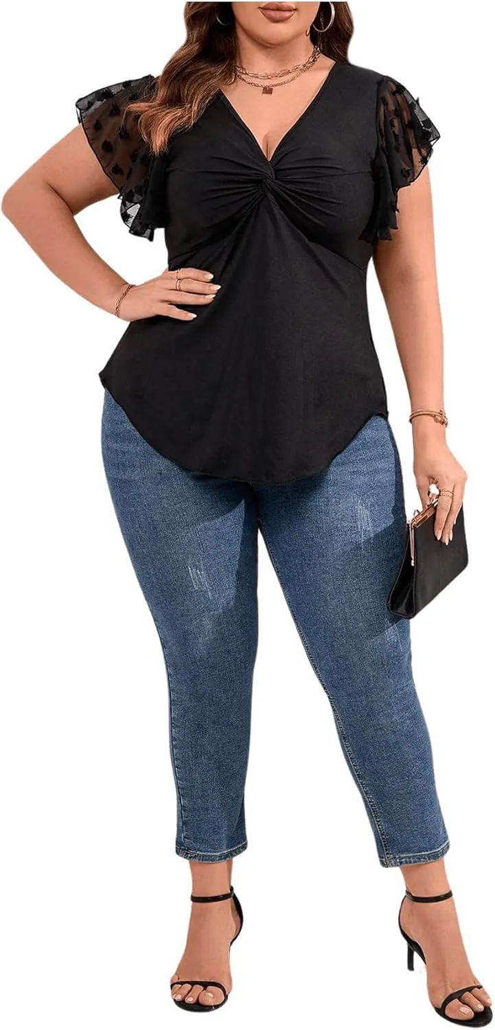 SOLY HUX Women's Plus Size Twist Front Deep V Neck Tee Tops Blouse Ruffle Short Sleeve Summer T Shirt