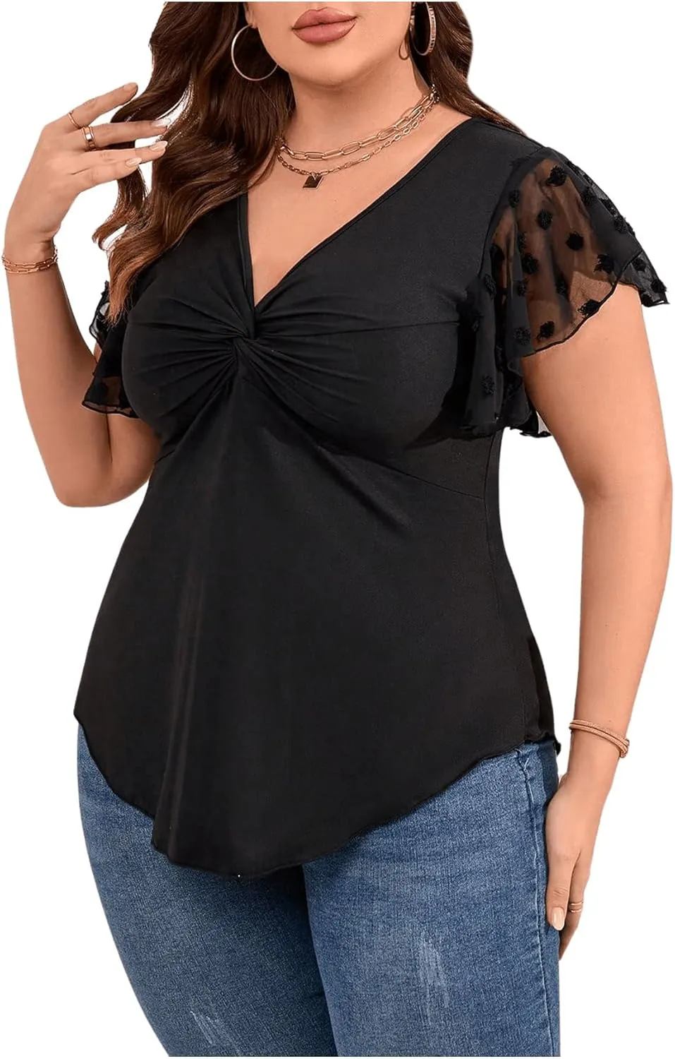 SOLY HUX Women's Plus Size Twist Front Deep V Neck Tee Tops Blouse Ruffle Short Sleeve Summer T Shirt