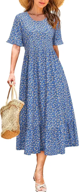 STYLEWORD Women's Summer 2025 Casual Short Sleeve Tiered Flowy Spring Dress Long Midi Beach Sundress Vacation Outfits