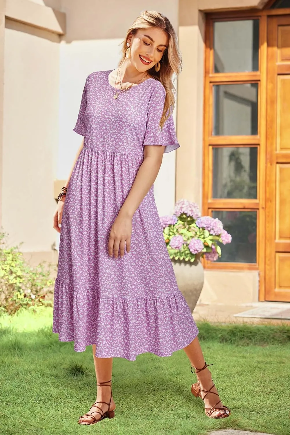 STYLEWORD Women's Summer 2025 Casual Short Sleeve Tiered Flowy Spring Dress Long Midi Beach Sundress Vacation Outfits