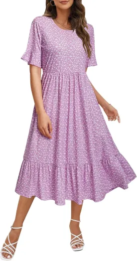 STYLEWORD Women's Summer 2025 Casual Short Sleeve Tiered Flowy Spring Dress Long Midi Beach Sundress Vacation Outfits