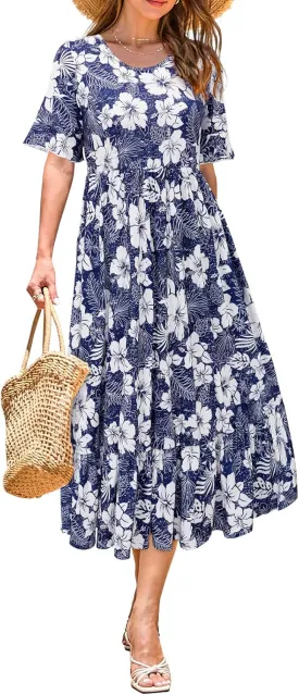 STYLEWORD Women's Summer 2025 Casual Short Sleeve Tiered Flowy Spring Dress Long Midi Beach Sundress Vacation Outfits