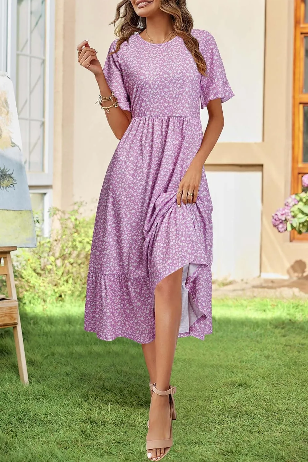 STYLEWORD Women's Summer 2025 Casual Short Sleeve Tiered Flowy Spring Dress Long Midi Beach Sundress Vacation Outfits