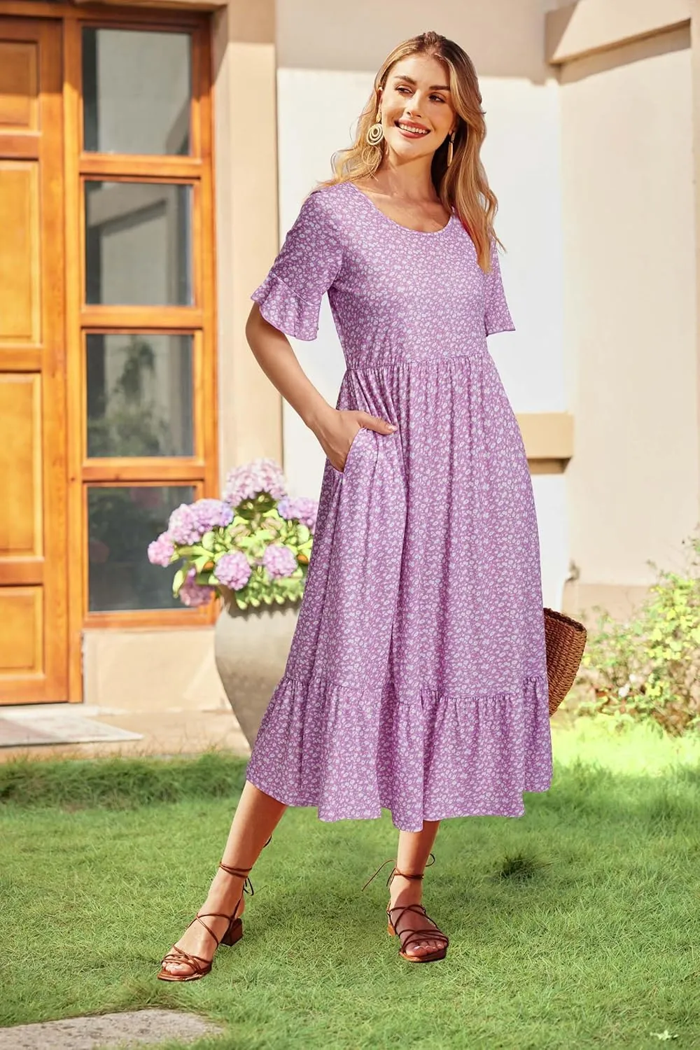 STYLEWORD Women's Summer 2025 Casual Short Sleeve Tiered Flowy Spring Dress Long Midi Beach Sundress Vacation Outfits