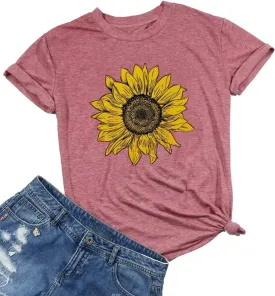 Sunflower Shirts for Women Cute Graphic Tee Shirts Letter Print Funny Tee Shirts Top