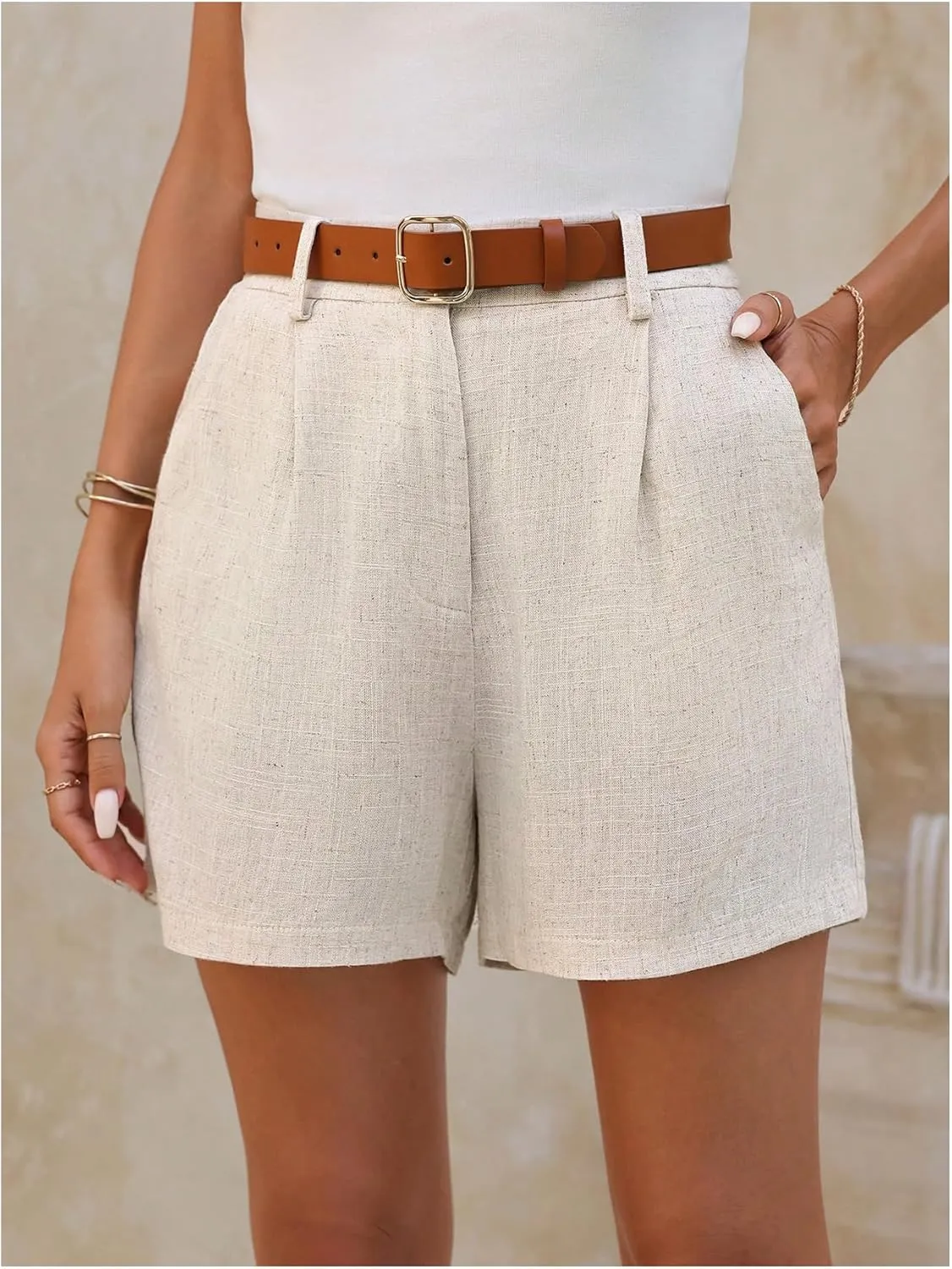 SweatyRocks Women's Linen Shorts High Waisted Straight Leg Pleated Dressy Shorts with Pockets