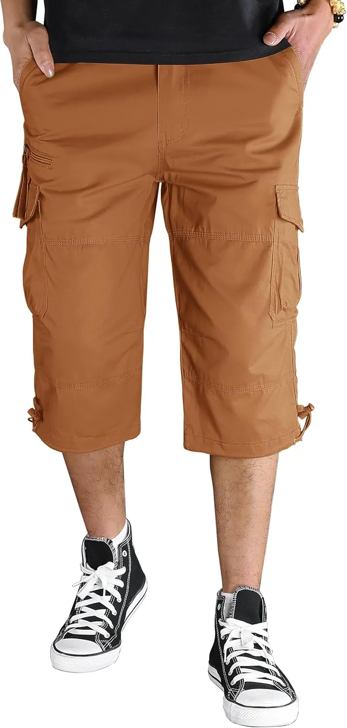 TACVASEN Men's Capri Pants with 7 Pockets Cargo Shorts Twill Elastic Below Knee 3/4 Capri Long Shorts