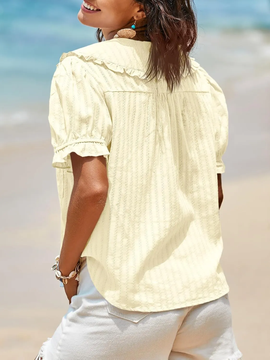 Tankaneo Womens Puff Sleeve Shirts Peter Pan Collar Button Down Cotton Blouse Casual Summer Textured Tops