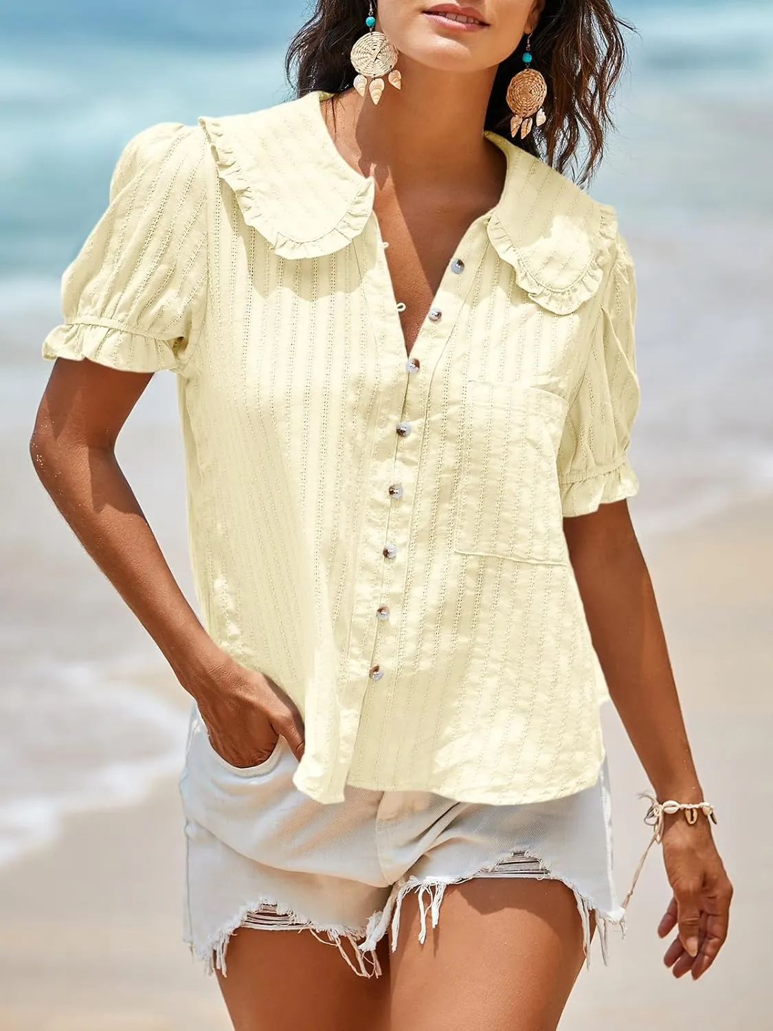Tankaneo Womens Puff Sleeve Shirts Peter Pan Collar Button Down Cotton Blouse Casual Summer Textured Tops