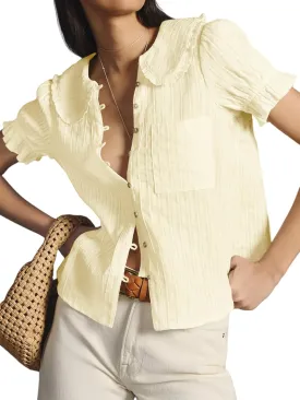 Tankaneo Womens Puff Sleeve Shirts Peter Pan Collar Button Down Cotton Blouse Casual Summer Textured Tops