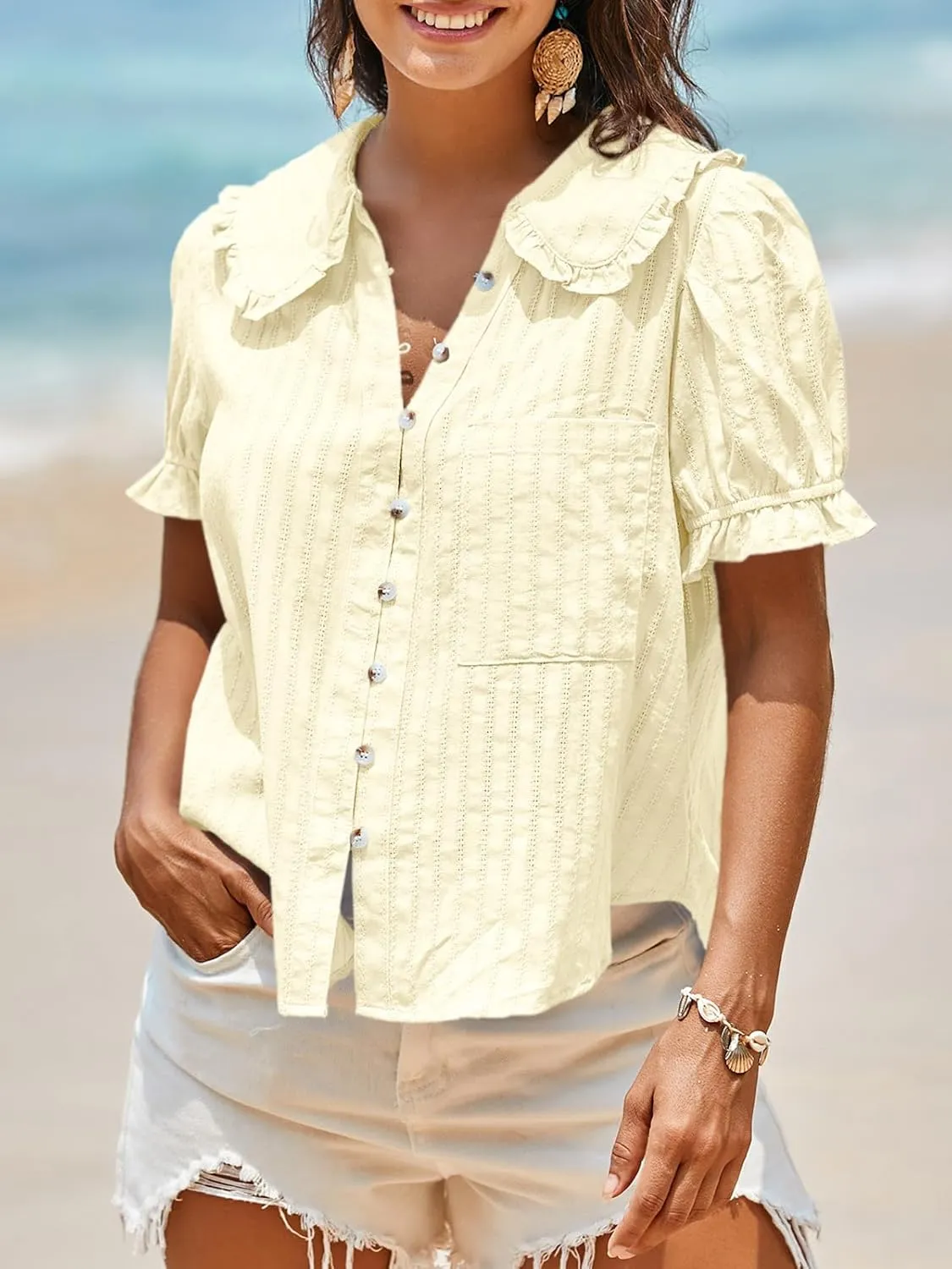 Tankaneo Womens Puff Sleeve Shirts Peter Pan Collar Button Down Cotton Blouse Casual Summer Textured Tops