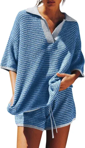Tankaneo Womens Sweater Set 2 Piece Outfits Oversized 3/4 Sleeve V Neck Knit Tops High Waisted Shorts Lounge Sets