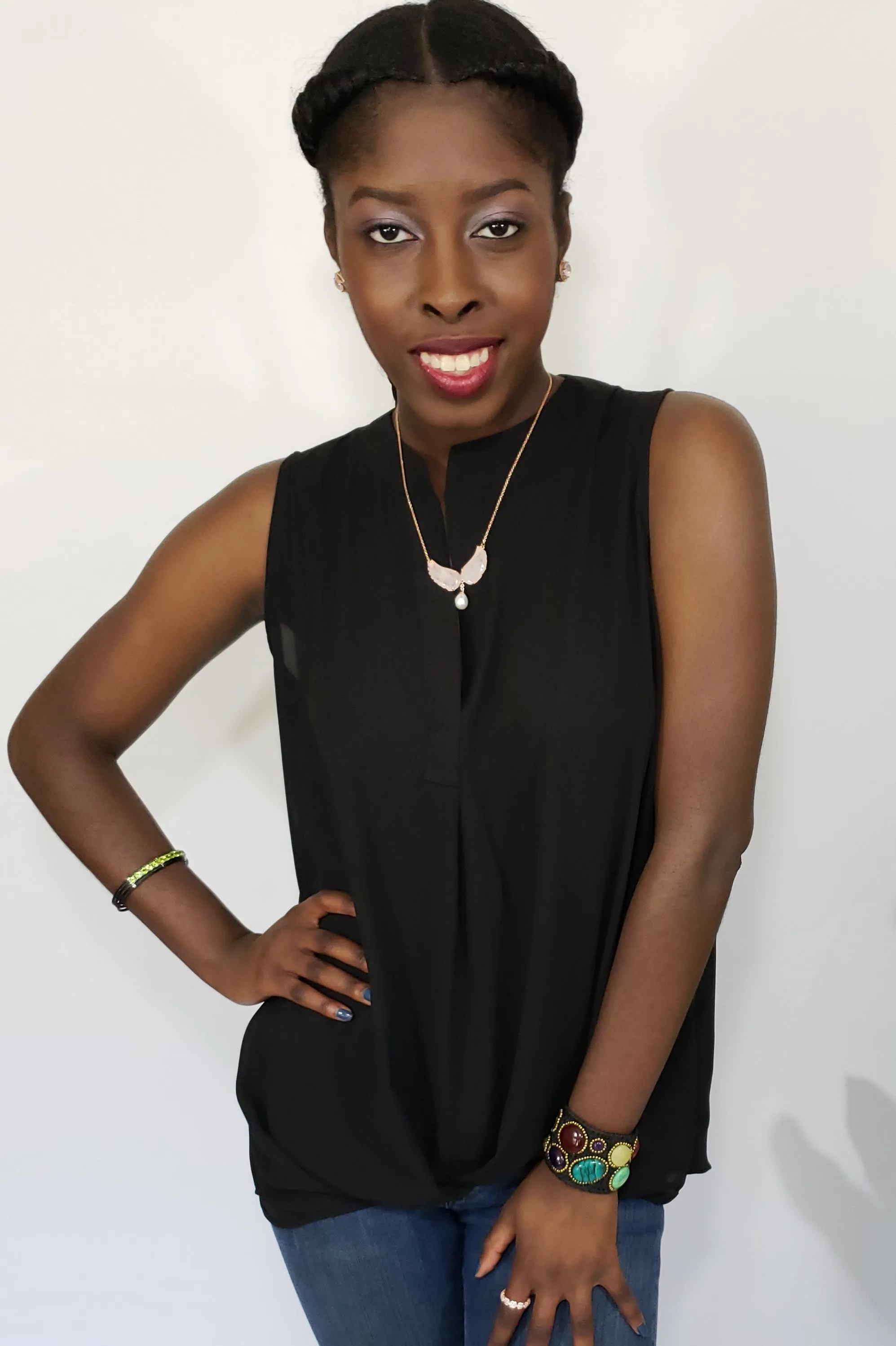 Taszeena Hi Low Split Neck Blouse in Black
