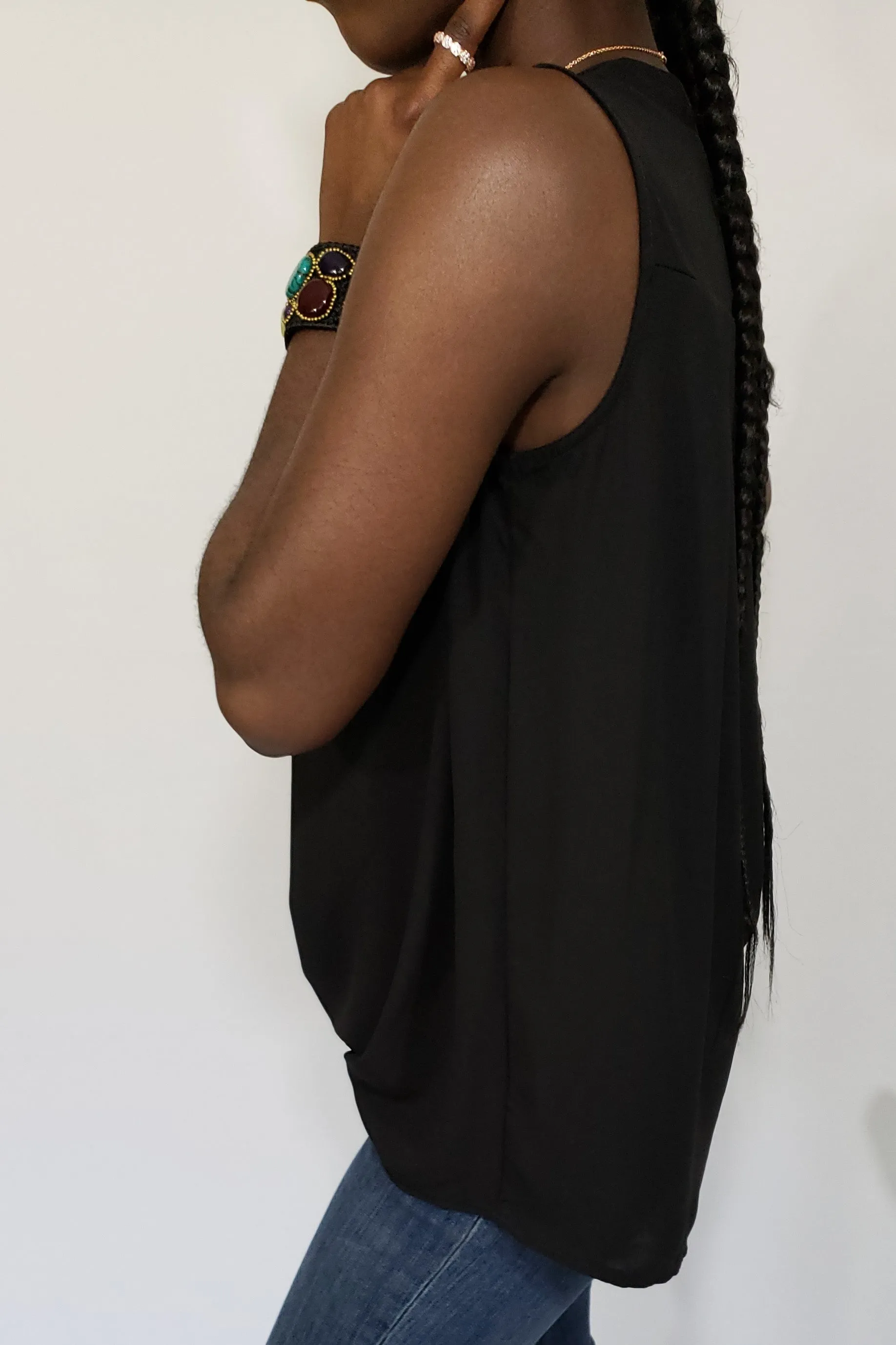 Taszeena Hi Low Split Neck Blouse in Black