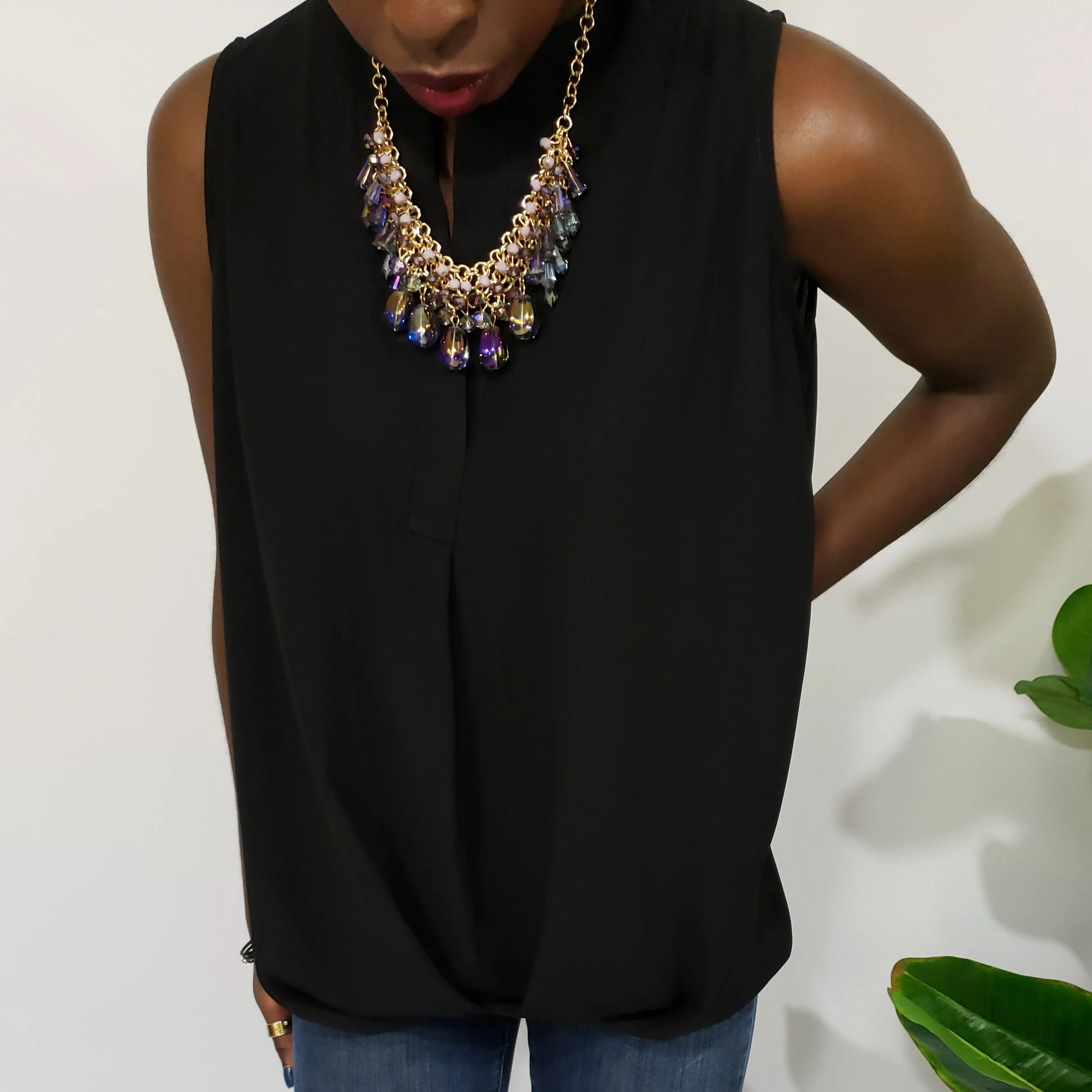 Taszeena Hi Low Split Neck Blouse in Black