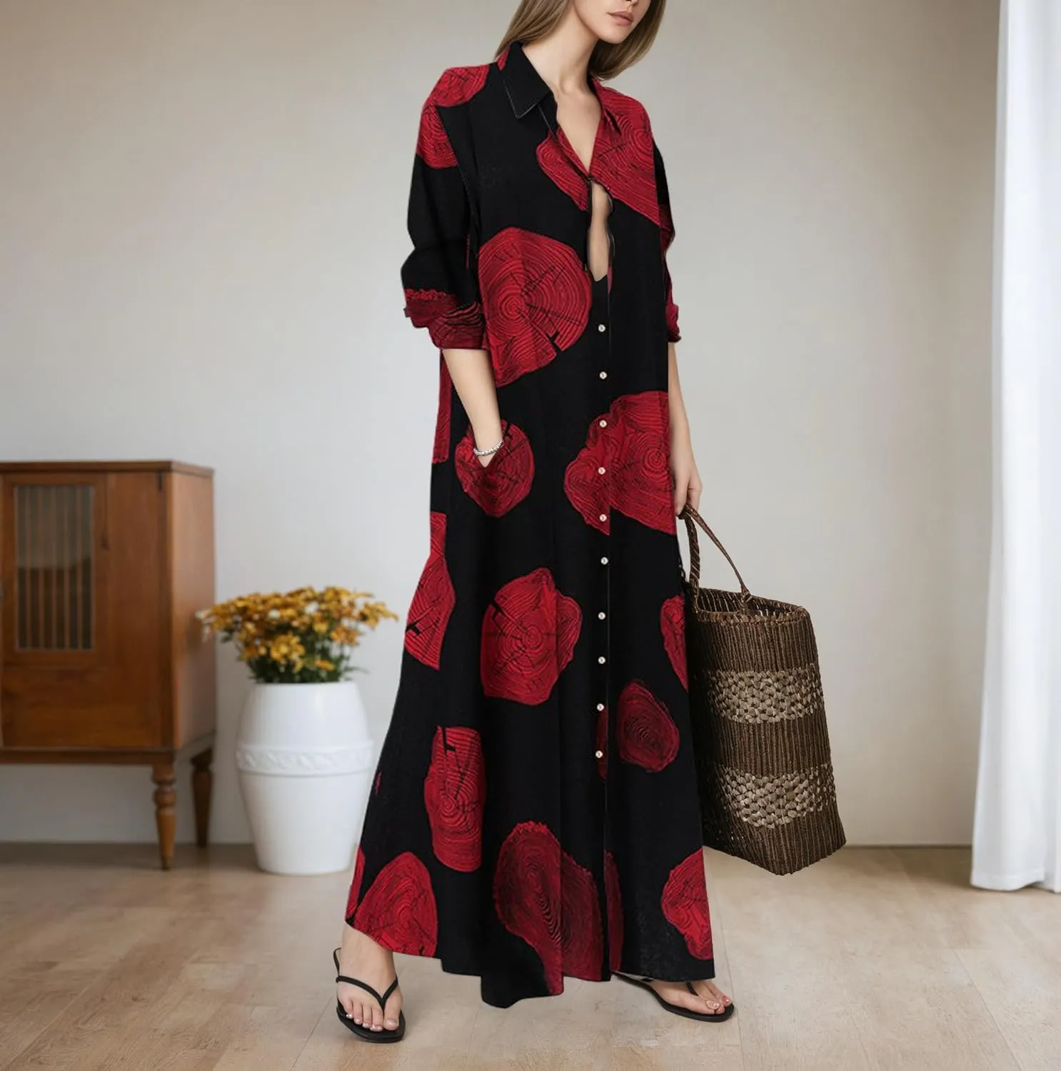 TIAFORD Women's Casual Button Down Cotton Linen Maxi Dress Long Sleeve Lapel Loose Plus Size Shirt Dresses with 2 Pockets