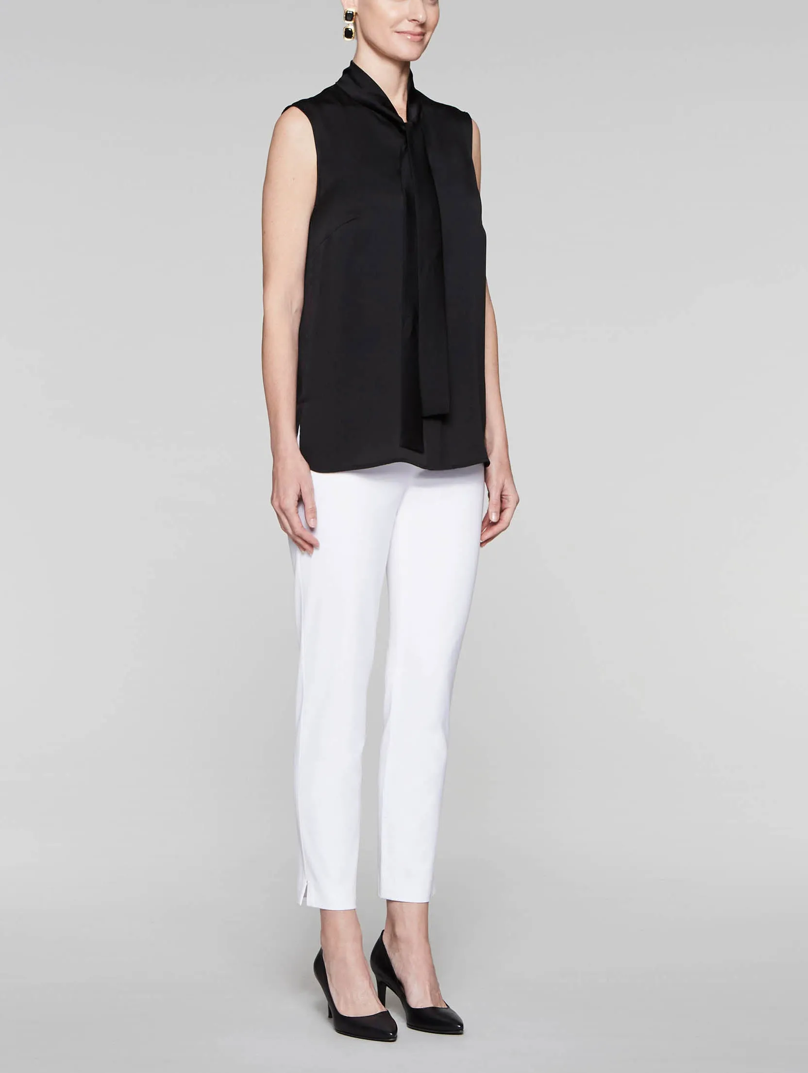 Tie-Neck Crepe de Chine Blouse, Black