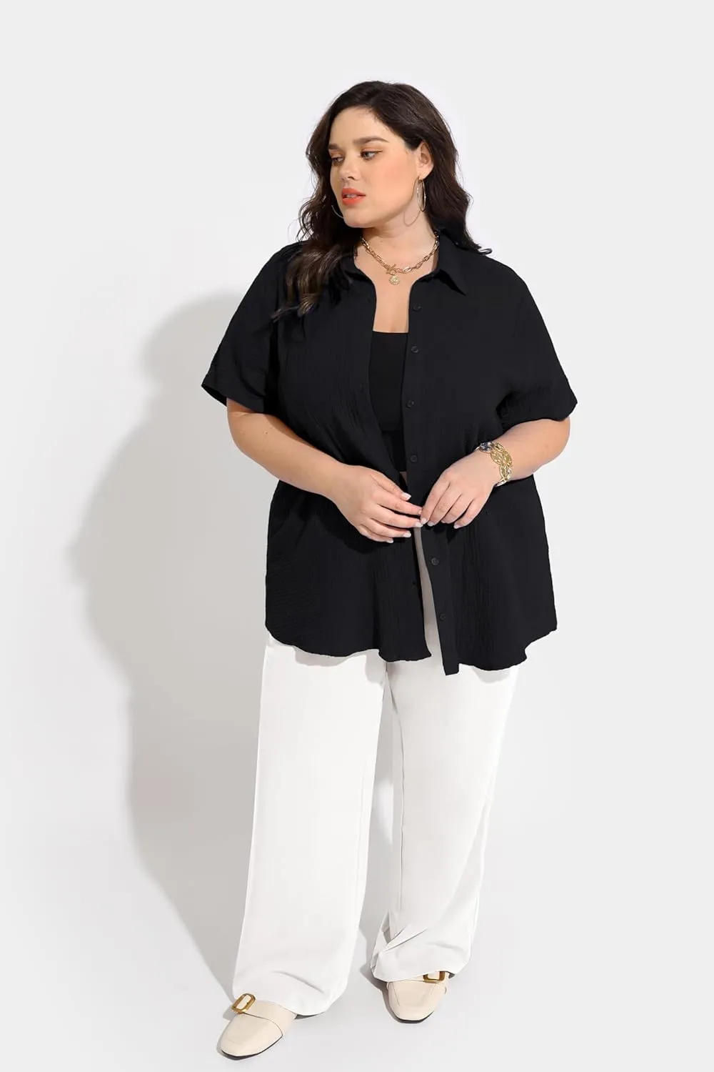 TIYOMI Plus Size Short Sleeve Button Down Shirts for Women Summer Tops Casual Blouses XL-5XL