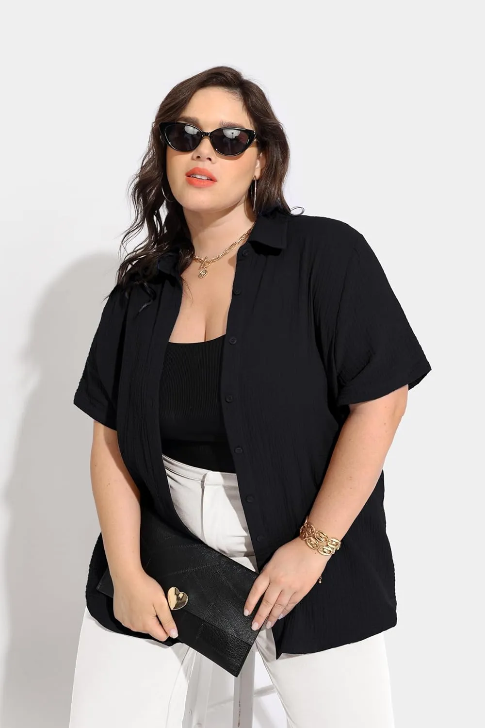 TIYOMI Plus Size Short Sleeve Button Down Shirts for Women Summer Tops Casual Blouses XL-5XL