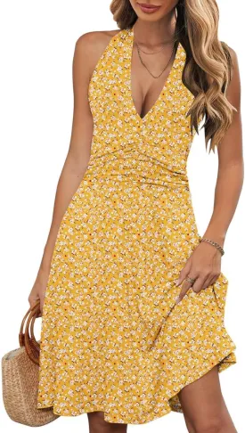 Wkior Womens Sundress Summer Beach Vacation Sleeveless Halter Neck A-Line 2025 Boho Floral Midi Dress with Pockets