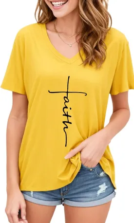 Women Cross Faith T Shirts for Women V-Neck Graphic Tees Letter Printed T-Shirt Christian Tee Shirt