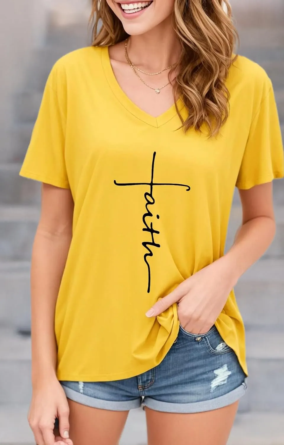 Women Cross Faith T Shirts for Women V-Neck Graphic Tees Letter Printed T-Shirt Christian Tee Shirt