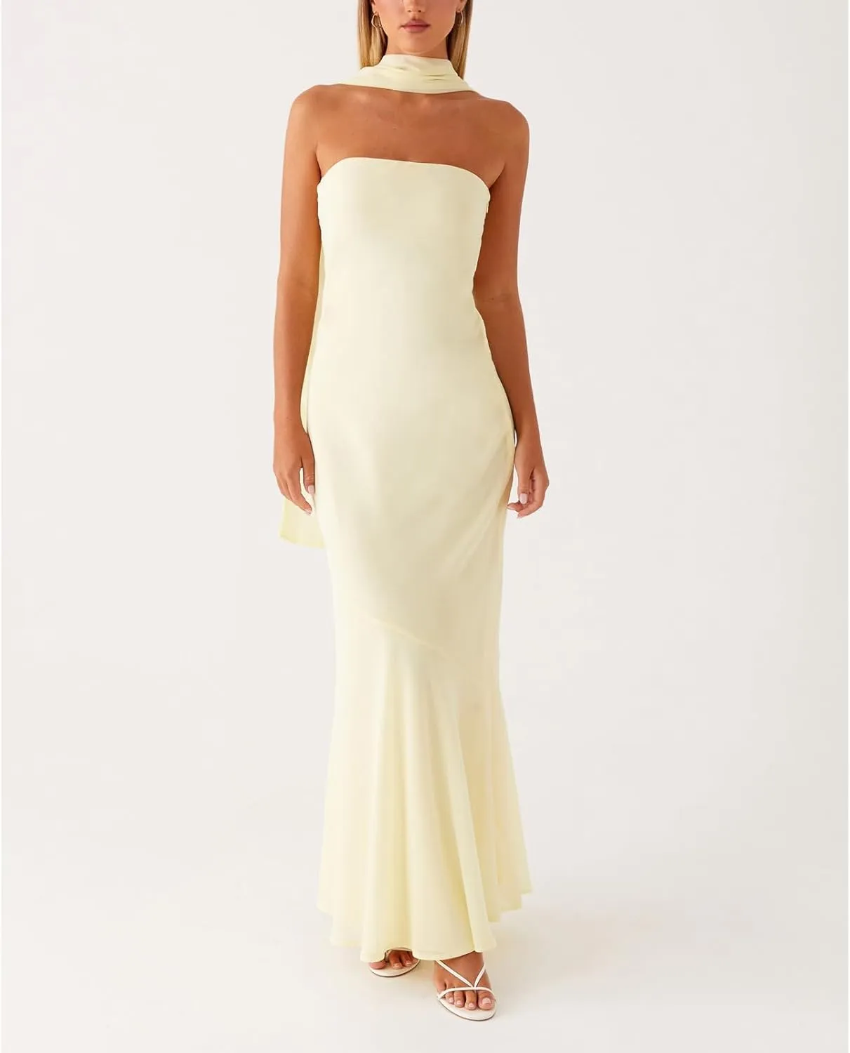 Women Floral Tube Maxi Dress with Scarf Y2k Strapless Backless Mesh Long Bodycon Dresses Formal Cocktail Sundress
