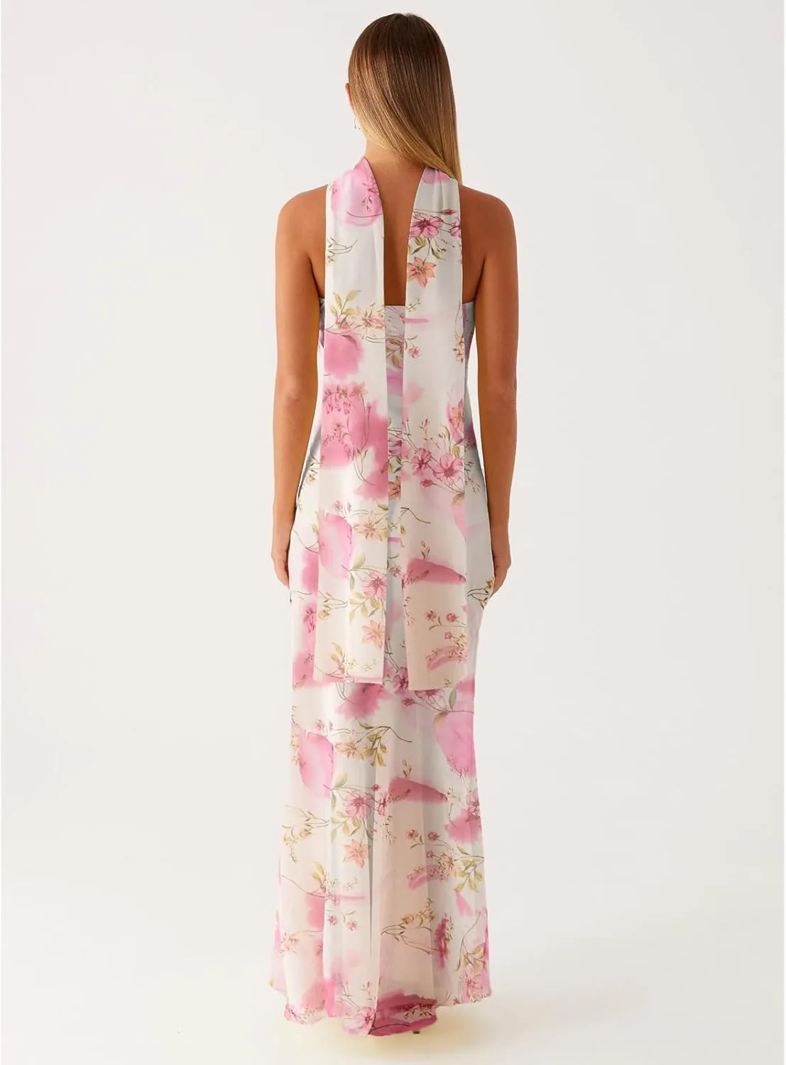 Women Floral Tube Maxi Dress with Scarf Y2k Strapless Backless Mesh Long Bodycon Dresses Formal Cocktail Sundress
