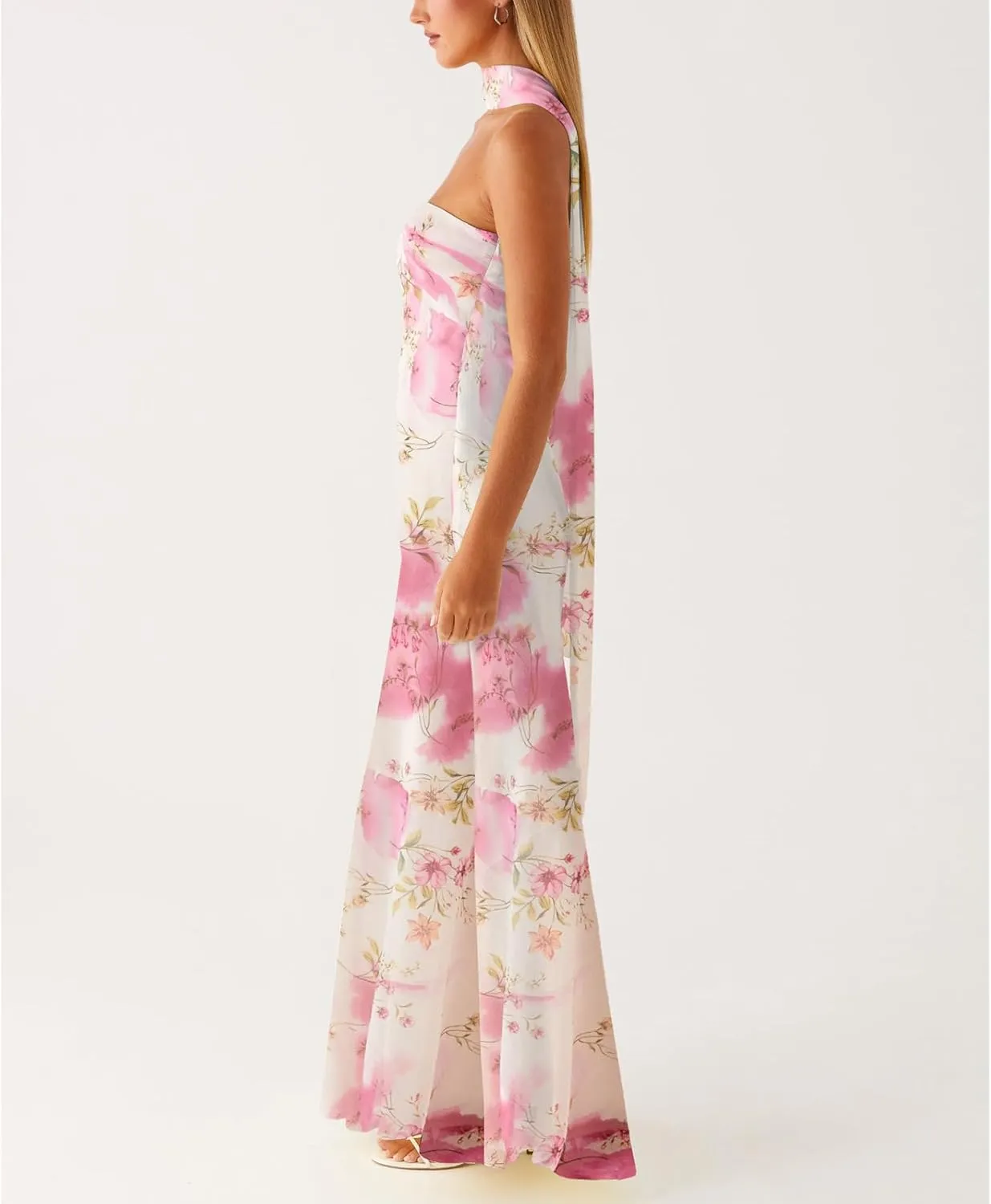 Women Floral Tube Maxi Dress with Scarf Y2k Strapless Backless Mesh Long Bodycon Dresses Formal Cocktail Sundress