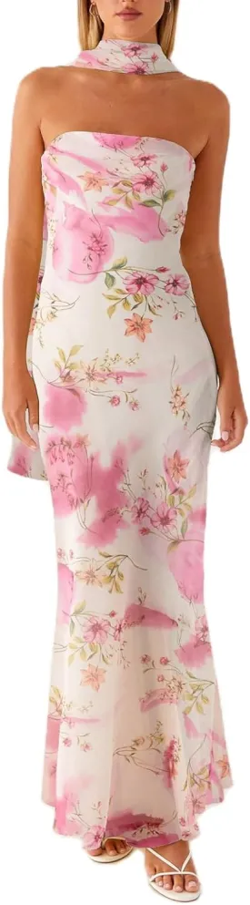 Women Floral Tube Maxi Dress with Scarf Y2k Strapless Backless Mesh Long Bodycon Dresses Formal Cocktail Sundress