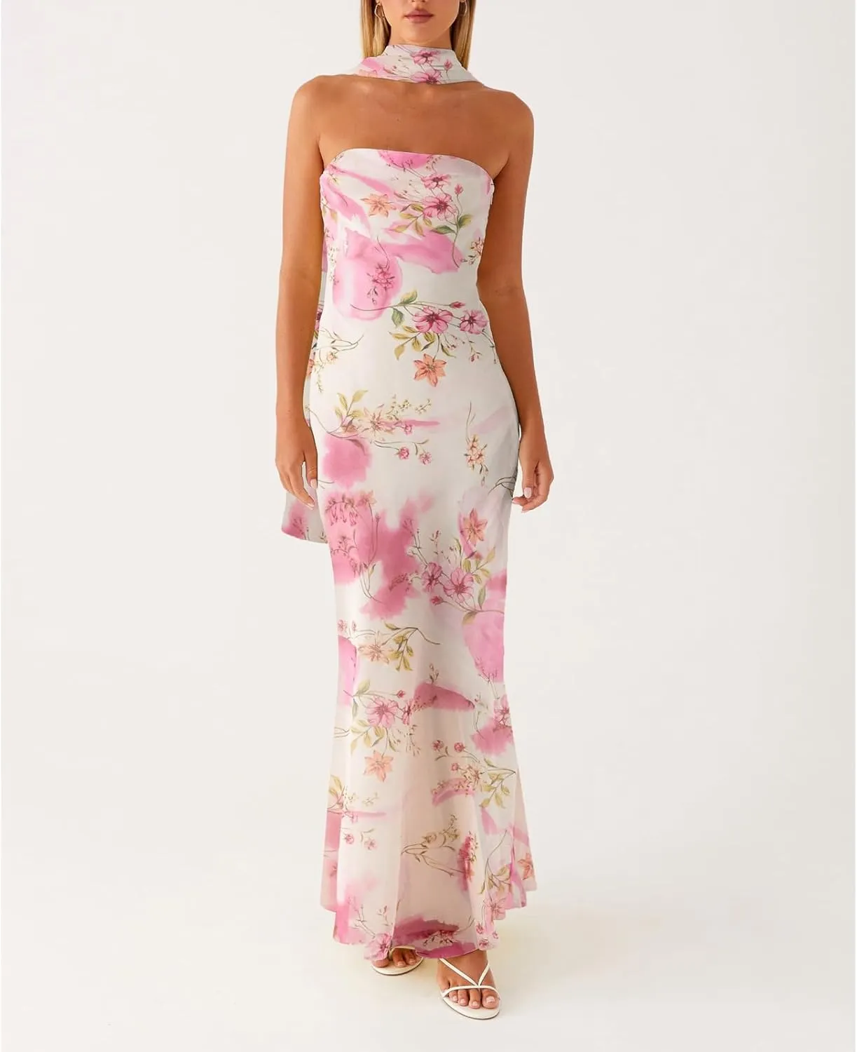 Women Floral Tube Maxi Dress with Scarf Y2k Strapless Backless Mesh Long Bodycon Dresses Formal Cocktail Sundress
