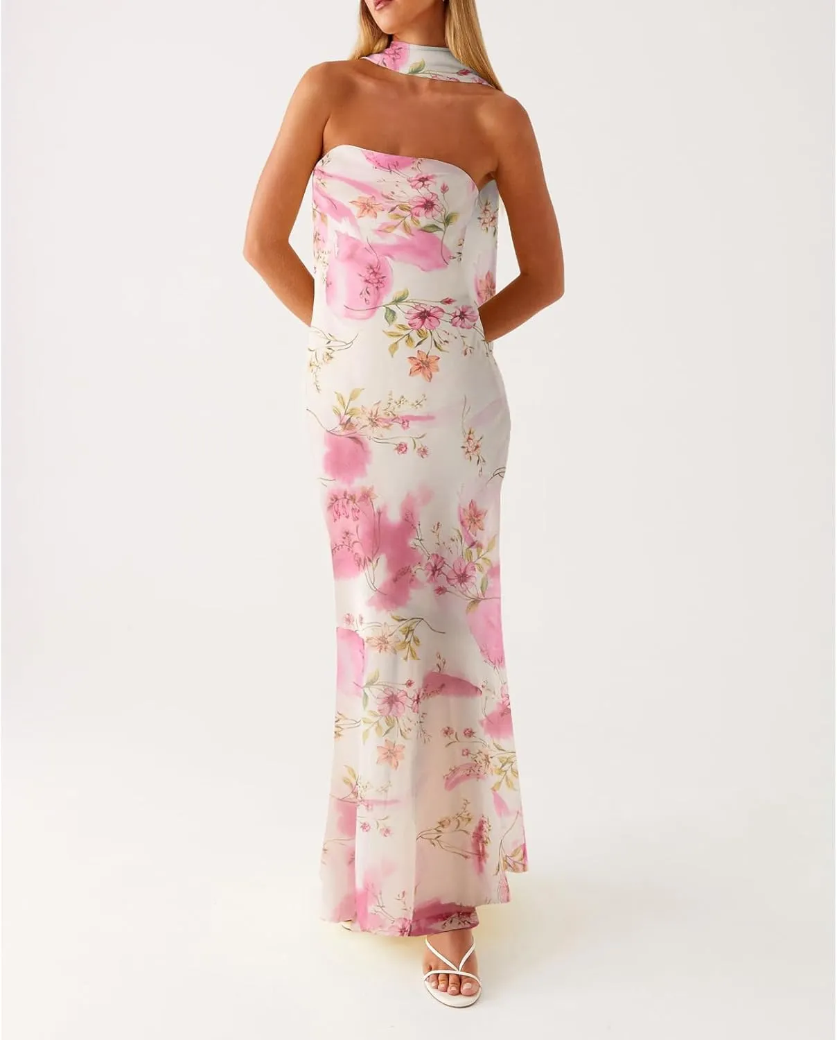 Women Floral Tube Maxi Dress with Scarf Y2k Strapless Backless Mesh Long Bodycon Dresses Formal Cocktail Sundress