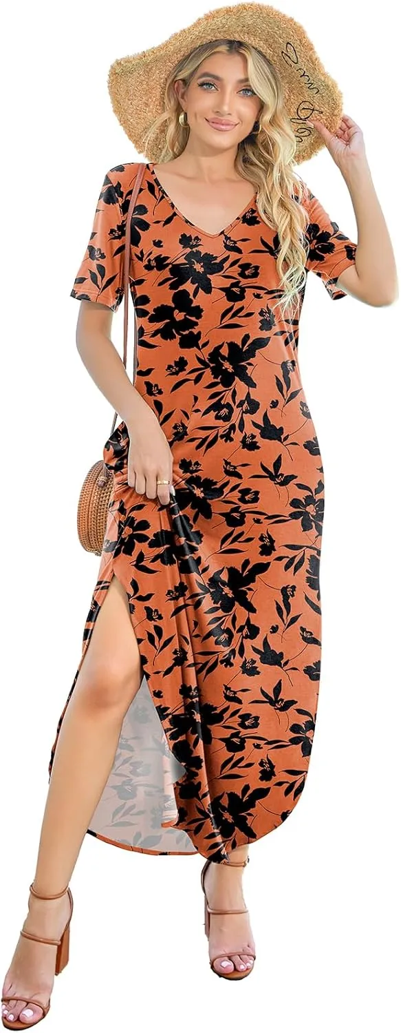 Women's Casual Loose Sundress Short Sleeve V Neck Long Dress Split Maxi Summer Beach Dress with Pockets