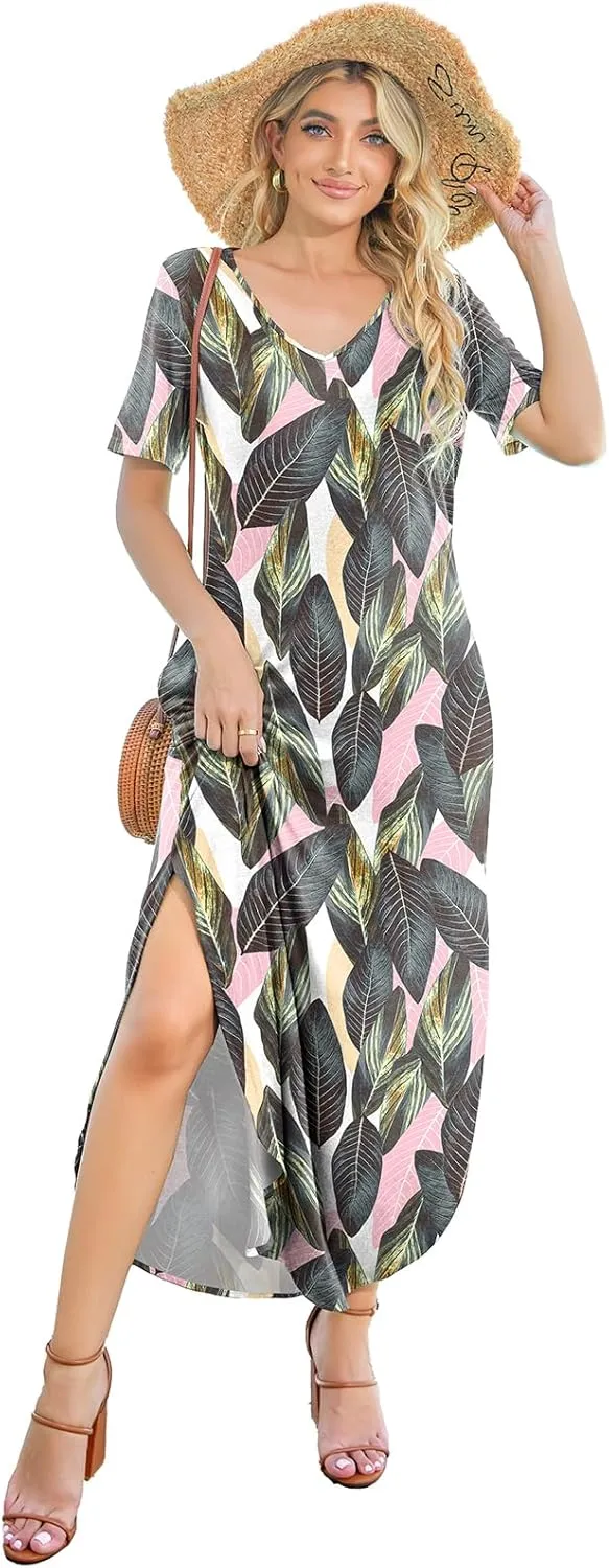 Women's Casual Loose Sundress Short Sleeve V Neck Long Dress Split Maxi Summer Beach Dress with Pockets