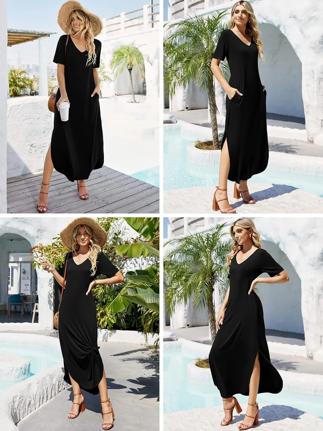 Women's Casual Loose Sundress Short Sleeve V Neck Long Dress Split Maxi Summer Beach Dress with Pockets