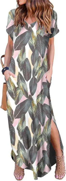 Women's Casual Loose Sundress Short Sleeve V Neck Long Dress Split Maxi Summer Beach Dress with Pockets