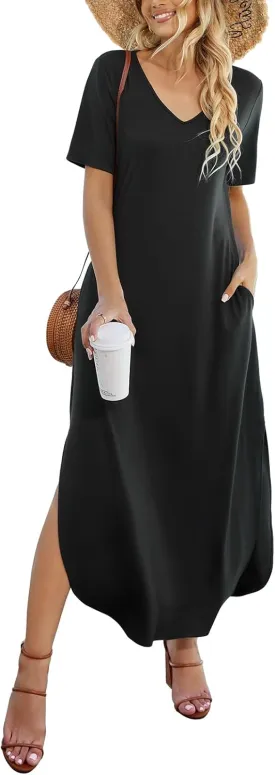 Women's Casual Loose Sundress Short Sleeve V Neck Long Dress Split Maxi Summer Beach Dress with Pockets